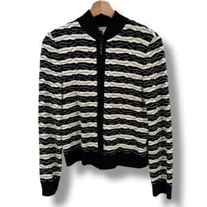 St. John Sport Black White Textured Wave Stripe Wool Blend Zip Sweater Sz Small
